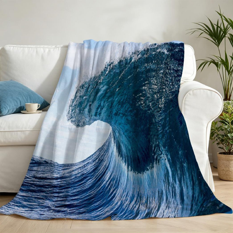 Jeté en molleton bleu ultra doux en flanelle, imprimé grand bord de mer, Throw 50" x 60"