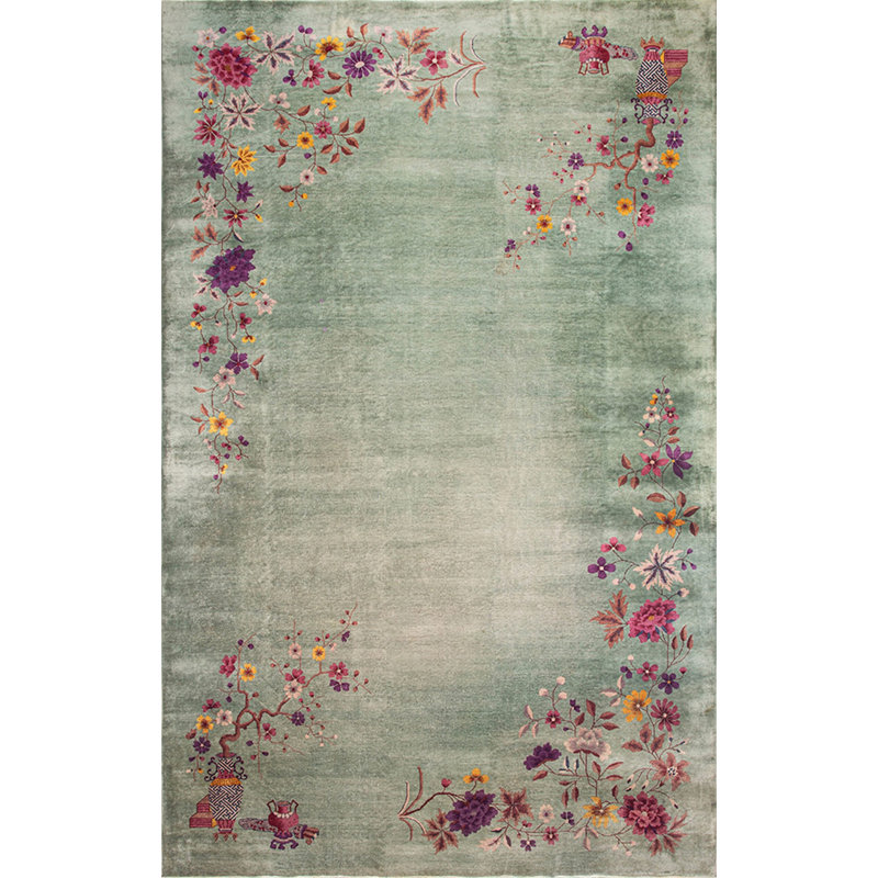 Grand tapis antique chinois à motif floral noué Art Déco