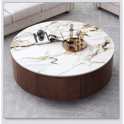 Round Wood Coffee Table With Faux Marble Top, Durable And Stylish For Modern Living Spaces