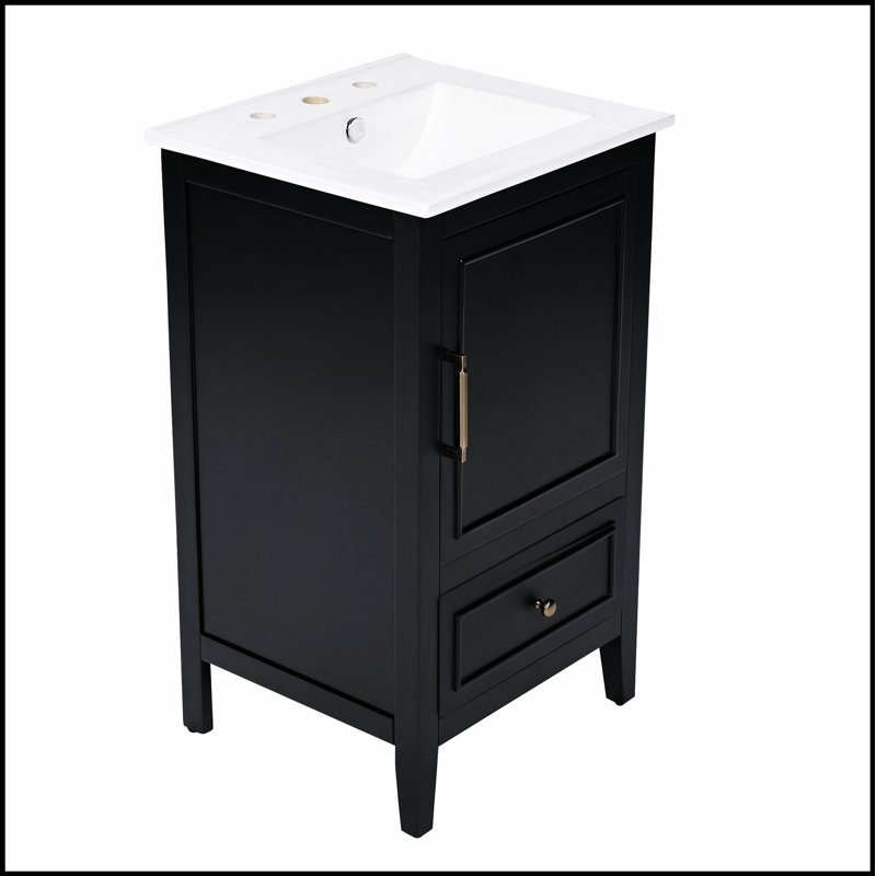 Élégant meuble-lavabo de salle de bain de 20 pouces avec lavabo, armoire à deux portes, tiroir et patins réglables noirs