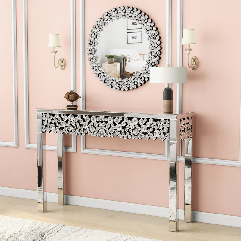 Mirrored Console Table With Round Crystal Wall Mirror Modern Glam Stylish