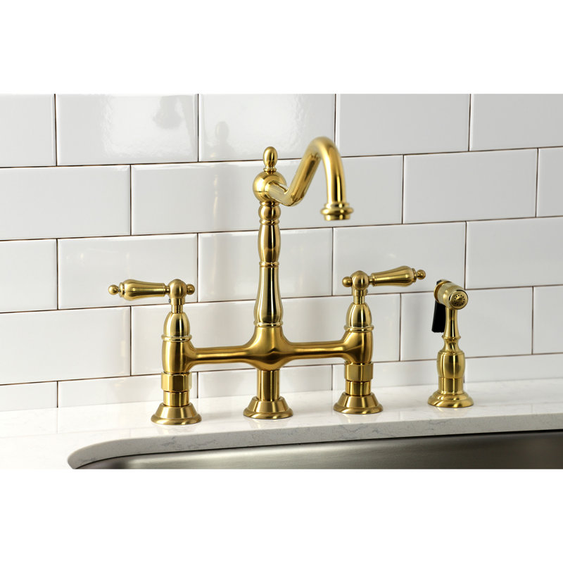 Kingston Brass Heritage Two-Handle 4-Hole Deck Mount Bridge Kitchen Faucet with Brass Side Sprayer, Satin Brass
