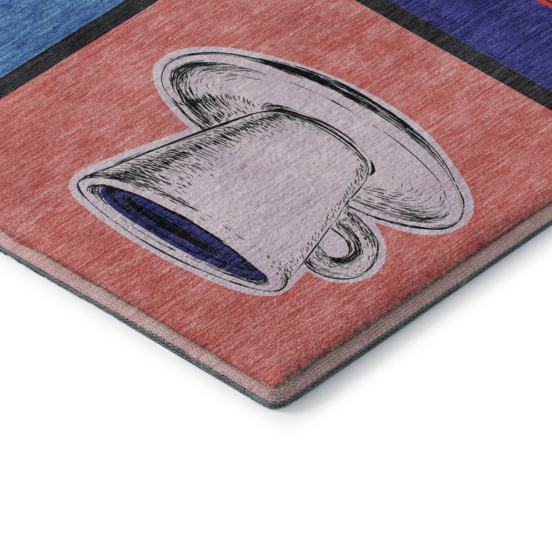 Red Rectangular Synthetic Washable Kitchen Rug with Coffee Mug Design