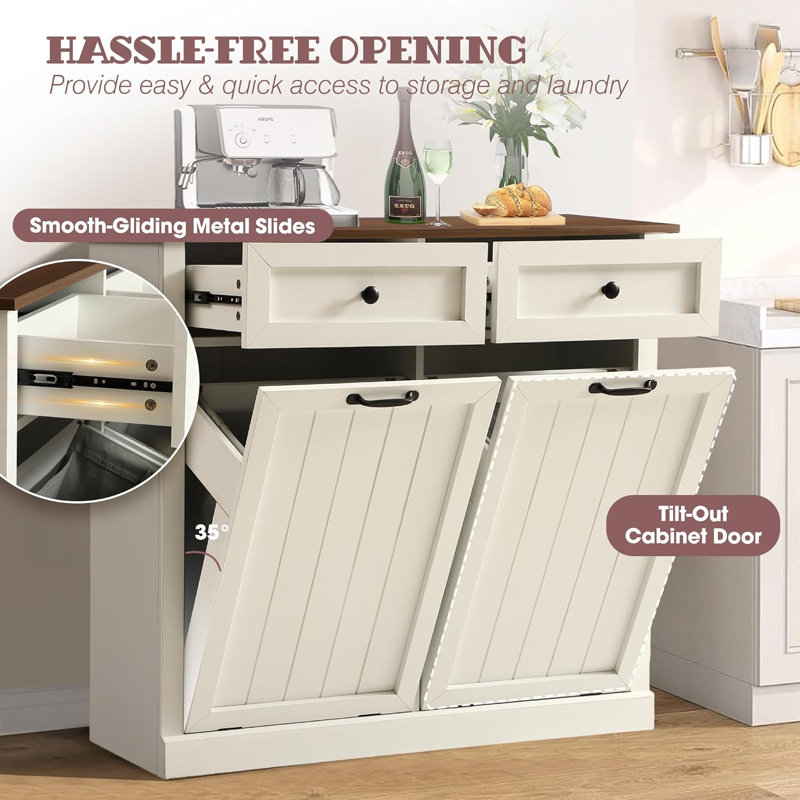 Double Tilt Out Laundry Hamper Cabinet, Modern Farmhouse Trash Can Cabinet W/2 Drawers, Wooden 20 Gallon Hidden Garbage Cabinets With 2 Laundry Storage Baskets For Kitchen And Bathroom