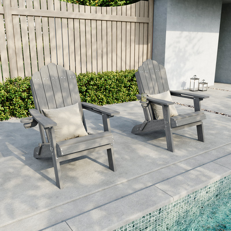 Set of 2 HDPE Folding Adirondack Chairs with Cup Holder, All-Weather Patio Chairs for Outdoor Deck Backyard, Easy Assembly