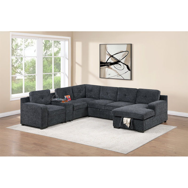 Canapé modulaire rembourré moderne en chenille 4 pièces avec méridienne et rangement, Chenille gris foncé