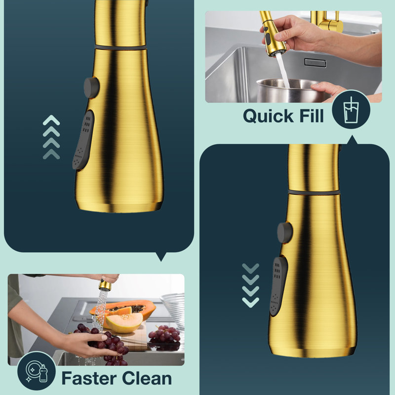 Pull Down Spray Single Lever Kitchen Tap, Gold