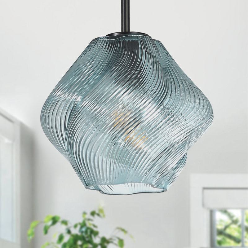 Luminaire suspendu en verre soufflé à la main 1 lumière, îlot de cuisine sphérique torsadé, Bleu clair