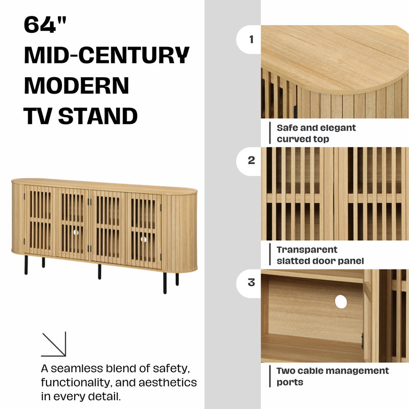 64" Mid-Century Modern Tv Stand  For 90 Inch Tv, Oak Wood