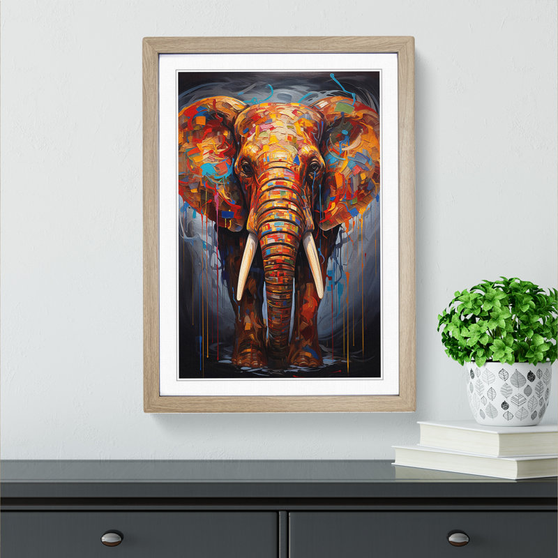 Elephant Modern - Single Picture Frame Print on Wood, Oak Framed, 46cm H x 34cm W