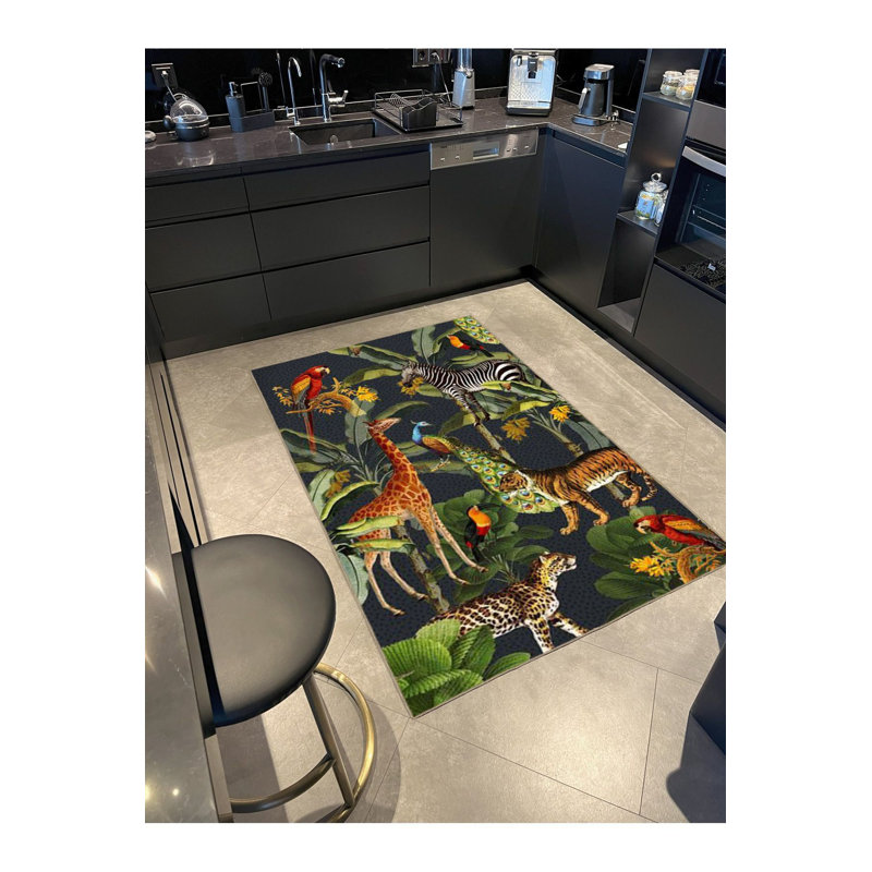 Tapis décoratif moderne à motif de girafe et de perroquet à thème Wild Jungle