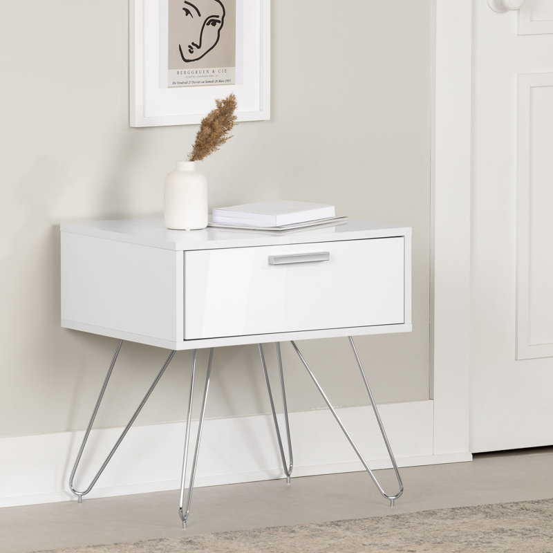 Pure White Scandinavian End Table with Storage Drawer and Metal Hairpin Legs