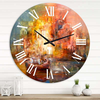 Petits bateaux arrivant à la côte pendant le coucher du soleil - horloge murale traditionnelle