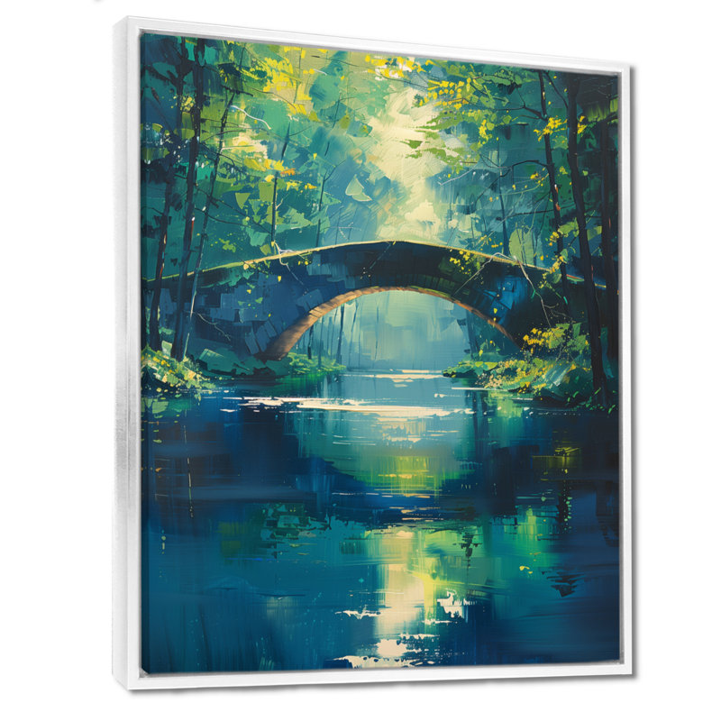Bleu, été, rivière, voie d'eau, pont, pont, art mural, salon, White Floater Framed, 32" H x 16" W