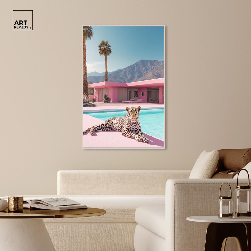 Art Remedy, toile d'art moderne tigre, maison rose léopard, Encadrement argenté, H 55 po x l 37 po