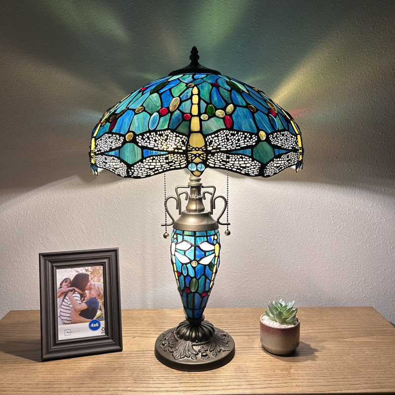 Chenault Tiffany Table Lamp Stained Glass Shade And Base Dragonfly LED Bulbs Included 16"W*16"D*24"H