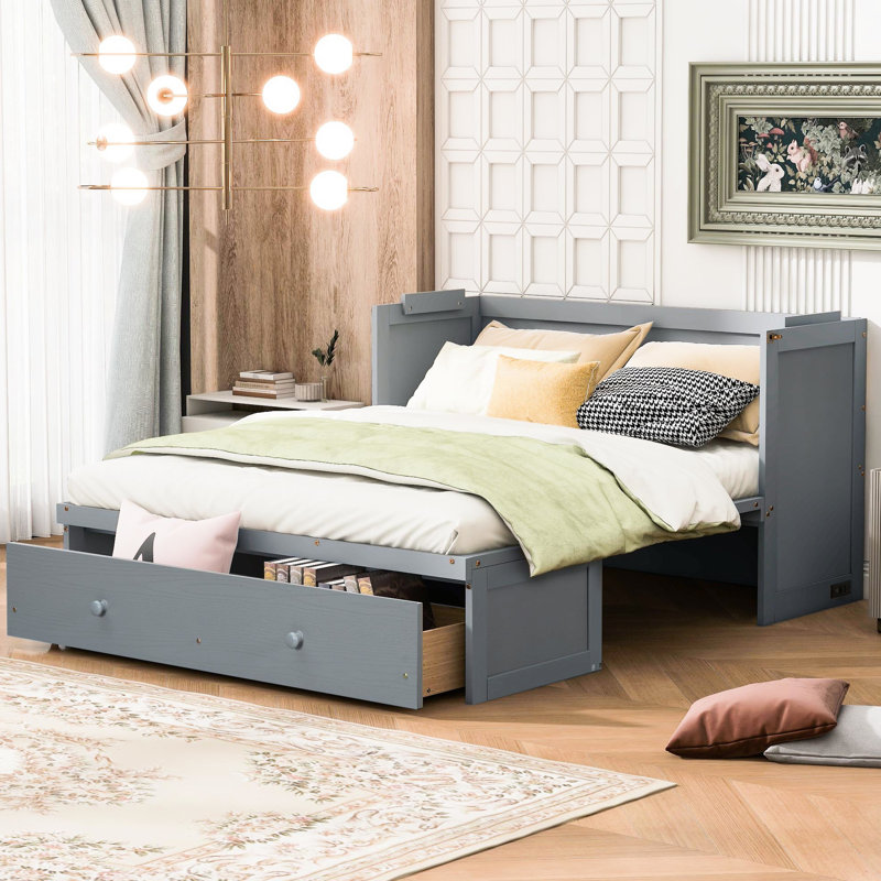 Queen Size Bed In Gray With And Large Drawer Inspection Voluminous, Queen, Gray