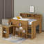 Lit mezzanine double avec bureau à roulettes intégré, 8 tablettes de rangement et lumières DEL-930974273