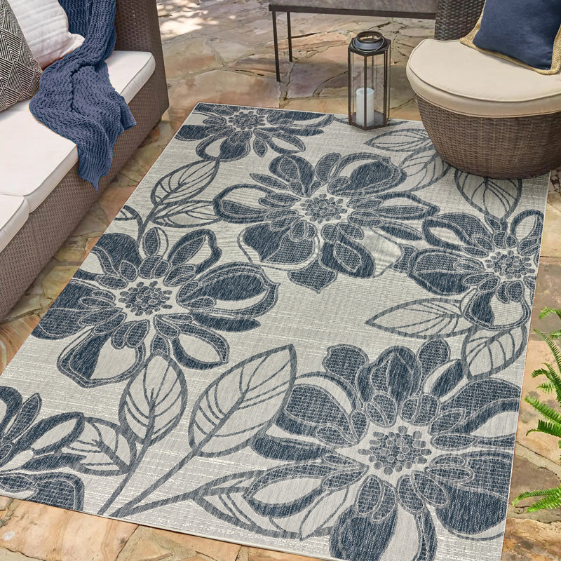  Tropea Arda All-Weather Flatweave Indoor/Outdoor Area Rug, Navy Blue Bold Floral – Patio, Deck, Porch & Poolside