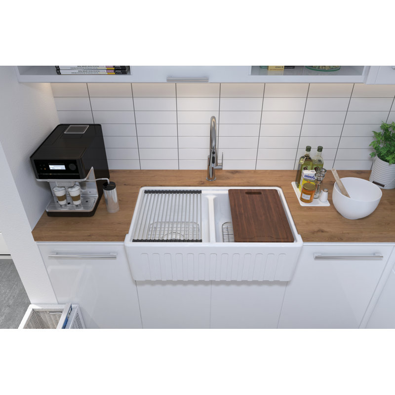 33"L x 20"W Farmhouse Workstation Kitchen Sink, Ceramic 50/50 Double Bowl
