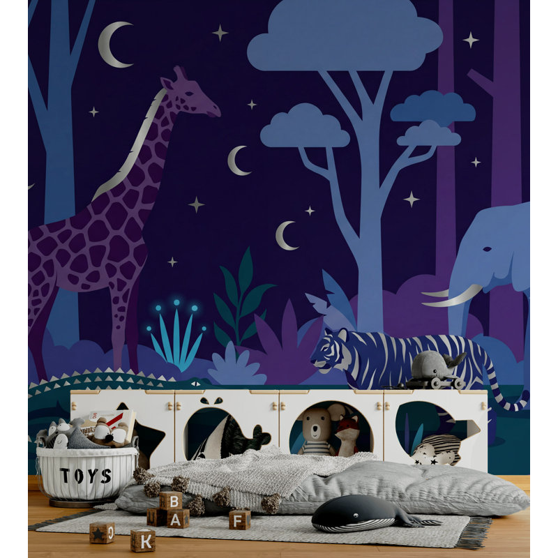 Murale sombre animaux de la nuit, L: 112 po x H: 72 po, Peler et coller