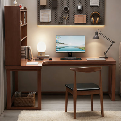 Bureau d'angle en L en bois massif avec bibliothèque intégrée