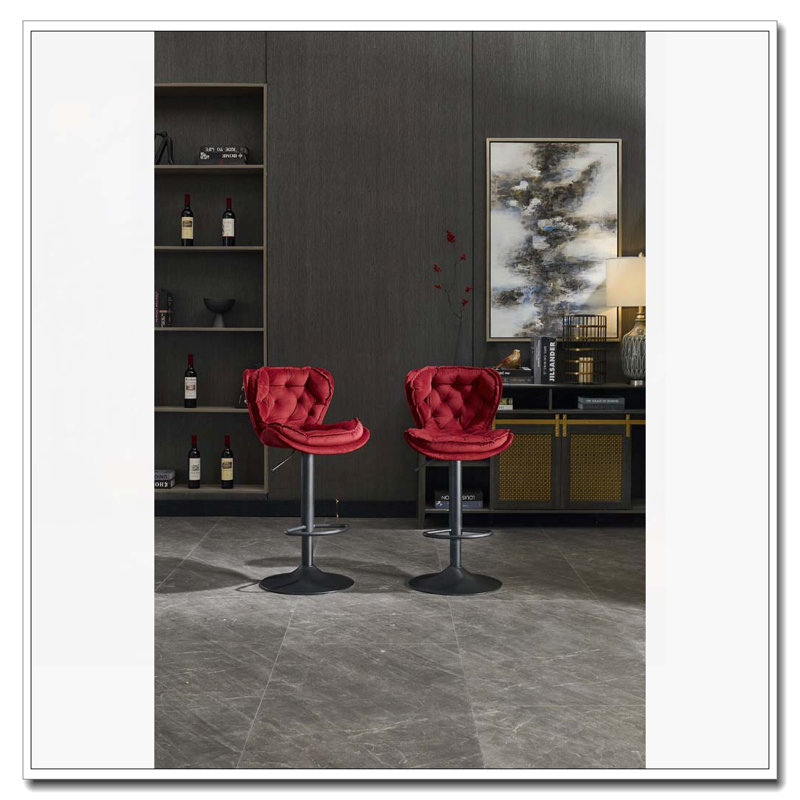 Tabourets de bar, avec velours de levage mécanique réglable en hauteur, Noir, Rouge