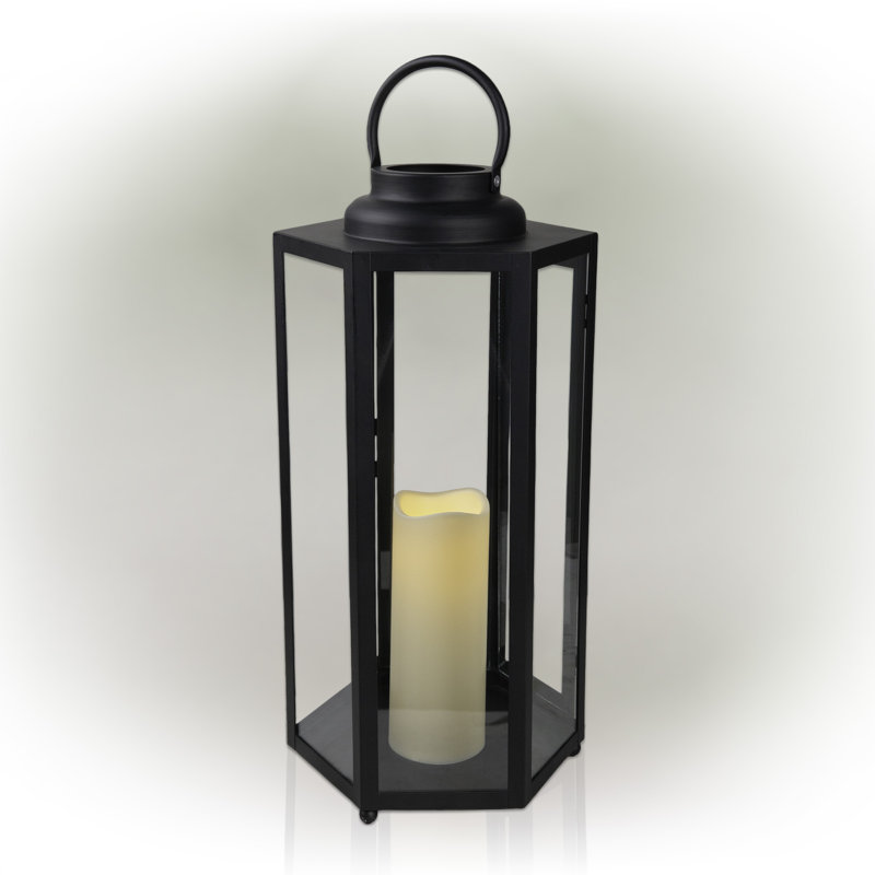 Black 18" Hanging Iron Candle Lantern with LED Lights
