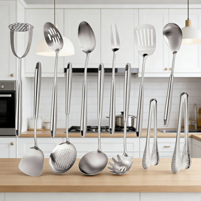 12-Piece Professional Stainless Steel Kitchen Utensil Set, Heavy-Duty 18/10 Metal Cooking Tools With Ergonomic Handles For Home Chefs And Restaurants