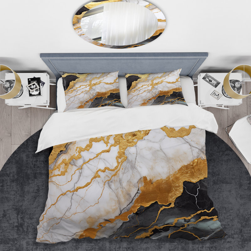 Ensemble de housse de couette en marbre abstrait doré et gris, Housse de couette pour très grand lit et 2 très 