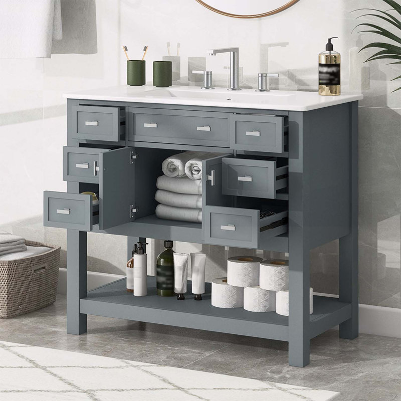 Meuble-lavabo moderne avec plusieurs options de rangement et un design élégant, Gris