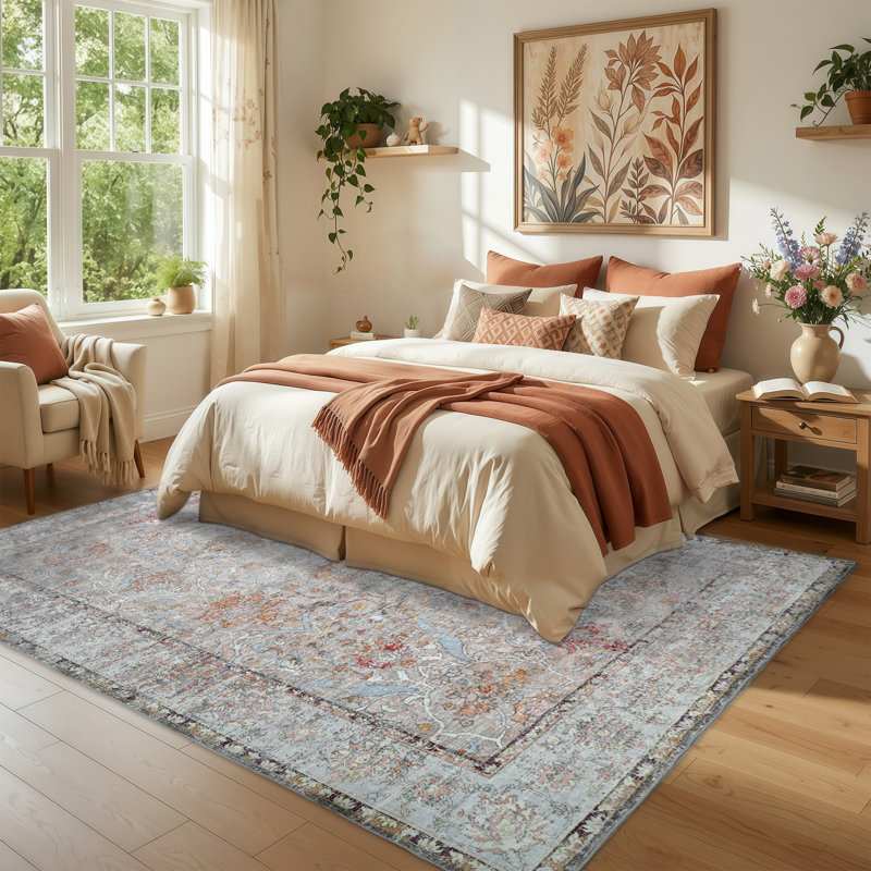 Washable Area Rug 5'X7', Ultra Soft With Non-Slip Backing & Durable Edge Binding, Vintage Large Carpets For Living Room, Bedroom, Dining Room