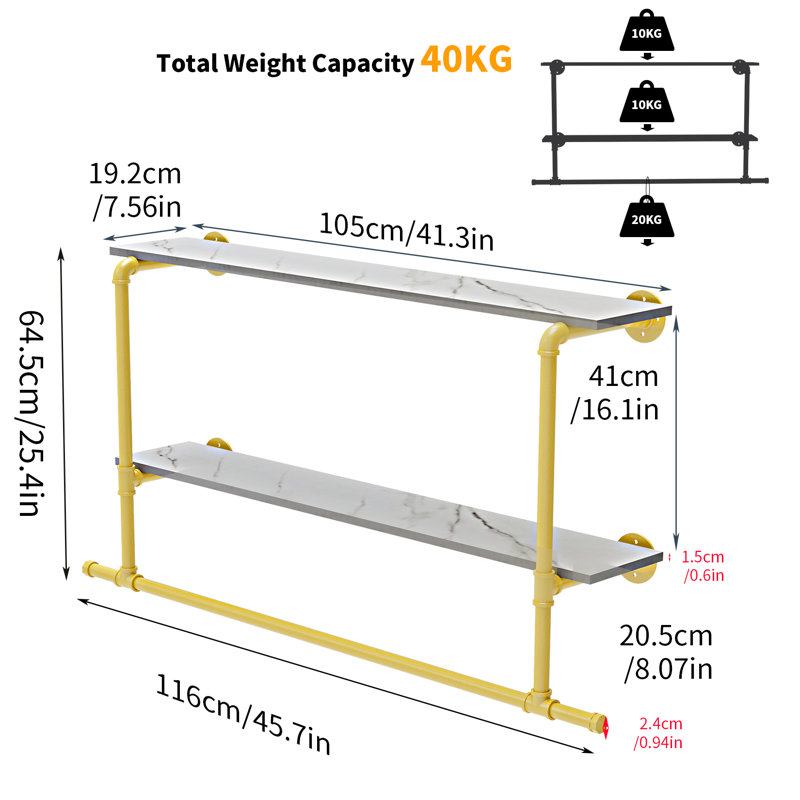 Beton 116cm Wall Mounted Clothes Rack, Golden+Marble White