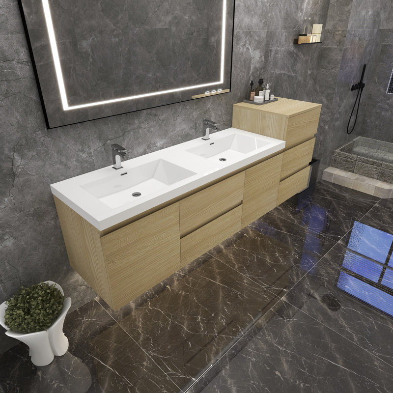 Moreno Bailey 78.5'' Double Bathroom Vanity with Acrylic Top, White Oak