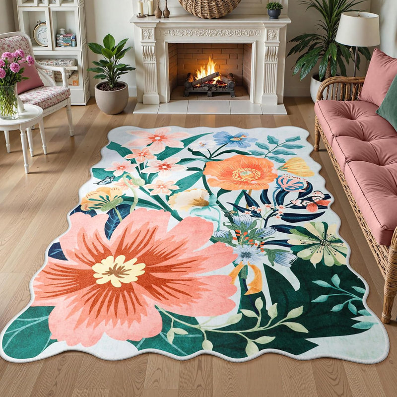 Tapis lavable pour tapis de salon antidérapant à motif floral antidérapant, Rectangulaire 8 pi x 10 pi