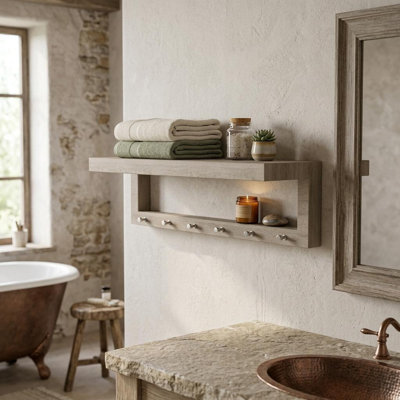 36" Light Gray Solid Wood Wall Mounted Floating Shelf With Hooks