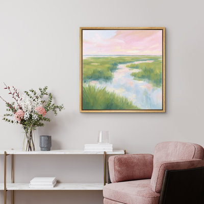 Abstract Pastel Marshland Landscape Canvas Wall Art, Impressionist Nature Scene Framed Print for Bedroom or Living Room Decor
