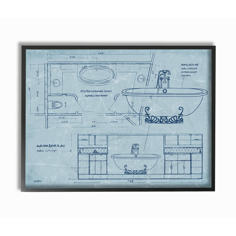 «Master Bath Plan», reproduction de peinture acrylique sur bois encadrée, H 11 po x l 14 po, Giclée encadrée noir minuit