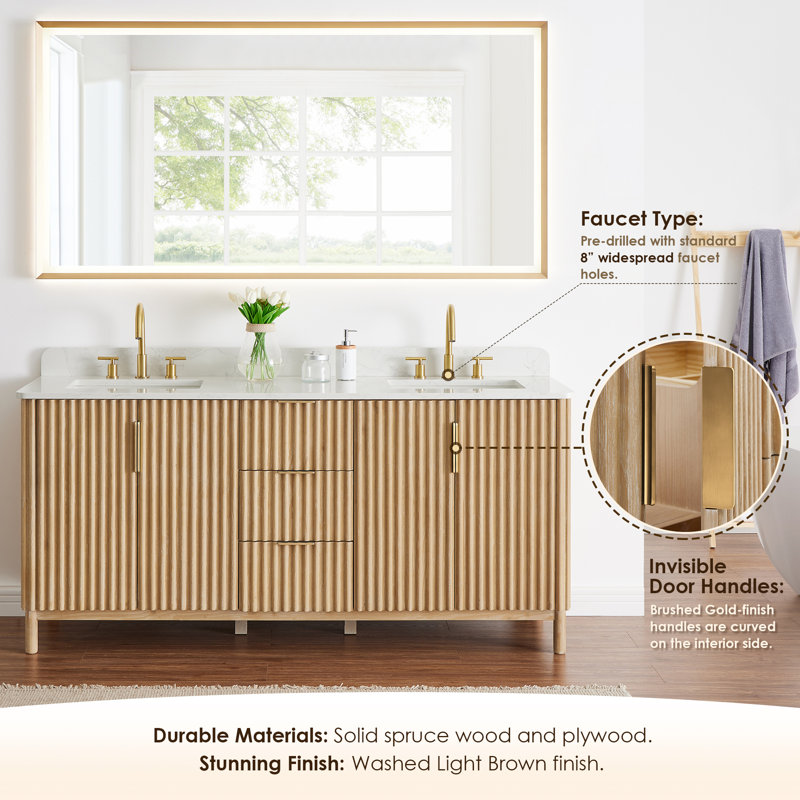 Wernher 72" Natural Wood Double Bathroom Vanity with White Stone Countertop