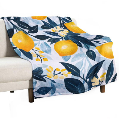 Ripe Lemons Among Blue Leaves And Blooms Luxury Flannel Throw Blanket, Soft Warm Fuzzy Blanket for Living Room Sofa Bed Home Decor