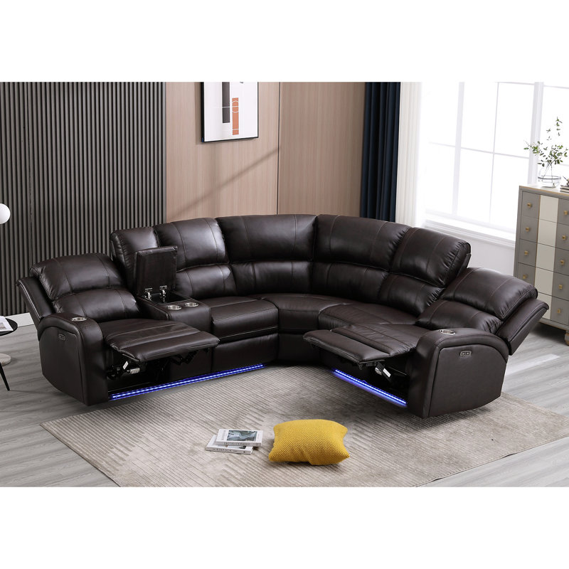 Vardie 3-Piece Breathable Leather Power Reclining Sectional, Home Theater Couch with Storage, Cup Holder & LED