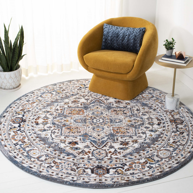 Gumm Oriental Machine-Woven Polypropylene Area Rug in Light Blue/White, Round 6'7"