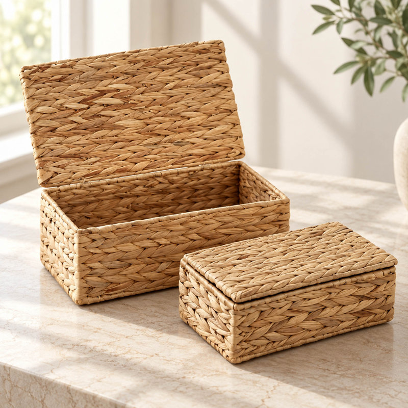 2-Piece Wicker Storage Boxes with Lids for Shelves and Home Organization