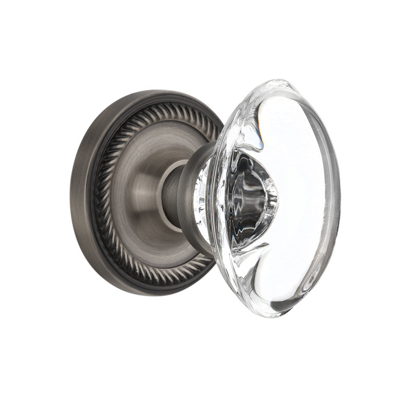 Rope Rosette with Oval Clear Crystal Door Knob, Antique Pewter