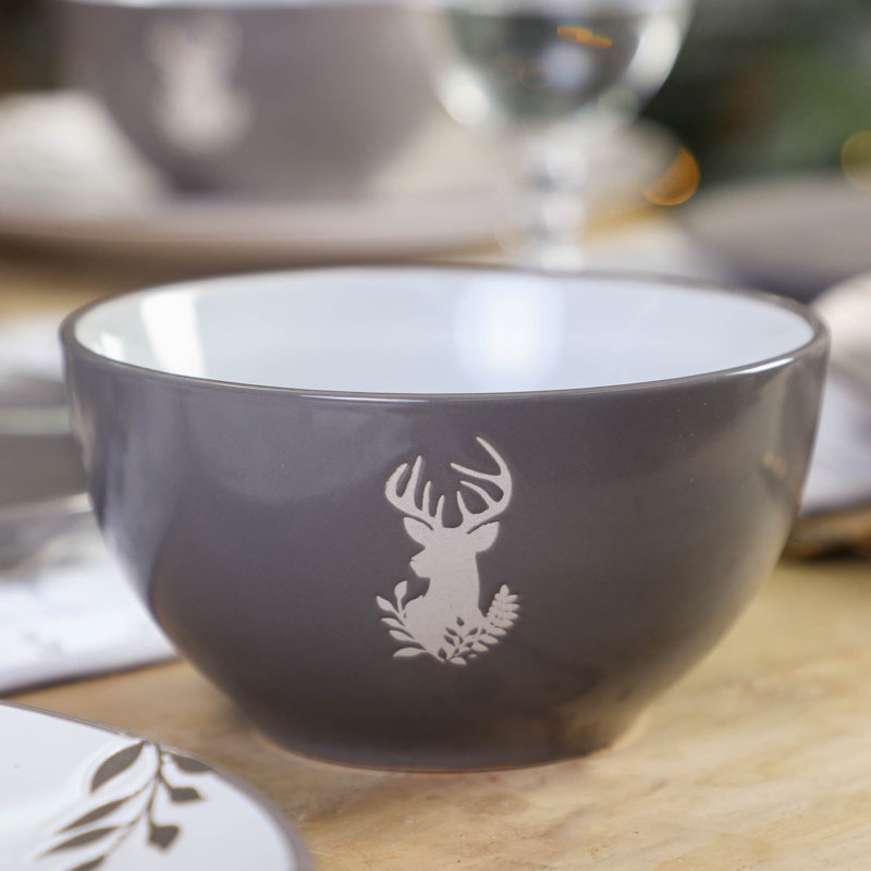 Set Of 4 Red Stag Stoneware Christmas Bowls, Grey