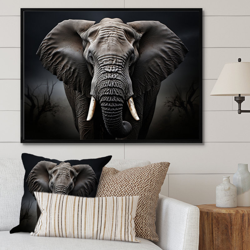 Éléphant silencieux majestueux III - Éléphant, art mural, H 12 po x l 20 po x P 1 po, Cadre flottant noir