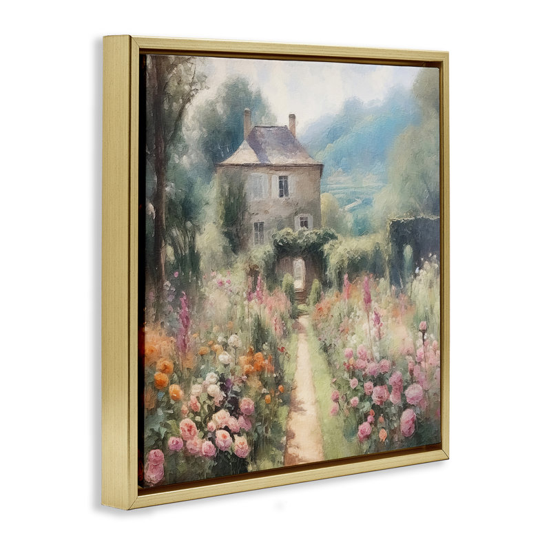 «Blooming Cottage Path», art mural encadré sur toile flottante par RileyB, Cadre flottant métallique doré, H 25 po x l 25 po