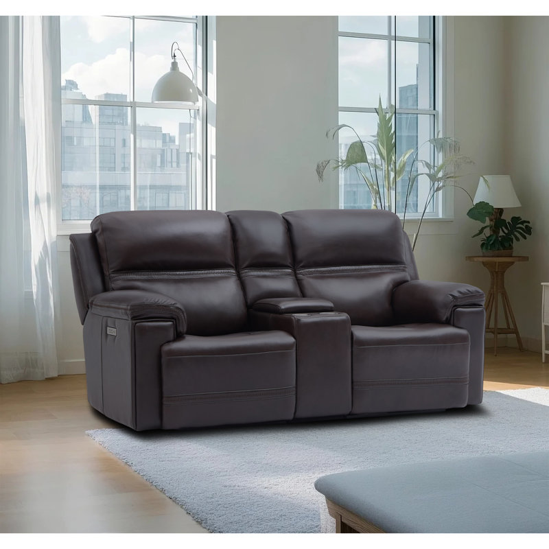 Causeuse inclinable électrique en cuir véritable Zero Gravity avec port USB et USB-C, console centrale, Marron foncé