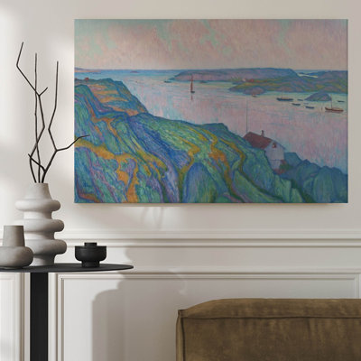 Art mural encadré, paysage avec des collines et des bateaux sur l'eau, style de peinture à l'huile post-impressionniste. Décoration murale, grande œuvre d'art pour le salon, prête à être suspendue, 24 po x 36 po
