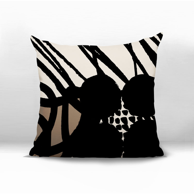 Coussin carré intérieur / extérieur Aloe, H 15 po x l 15 po, Beige / noir / blanc cassé abstrait